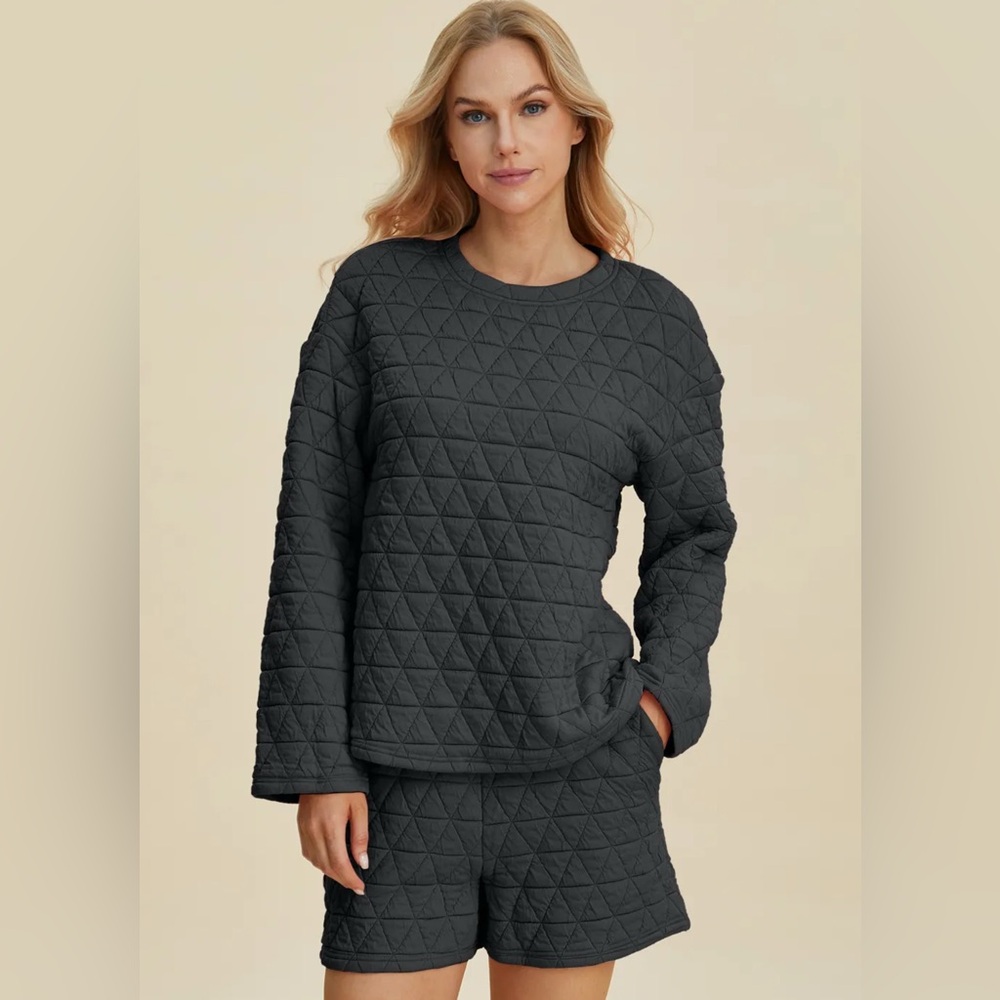 Double Take Full Size Texture Round Neck Long Sleeve Top and Shorts Set